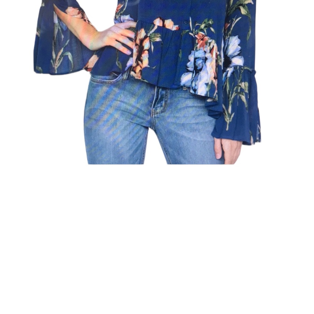 Navy Floral Button Down BoHo Blouse - Picture 5 of 7